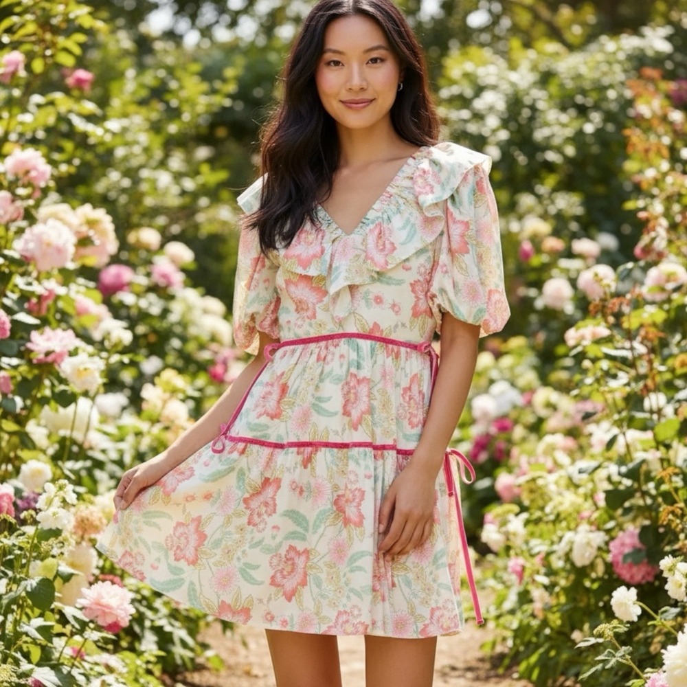 TCEC Floral Mini Dress Women's Medium Multi V-Neck Puff Sleeve Coquette Romantic